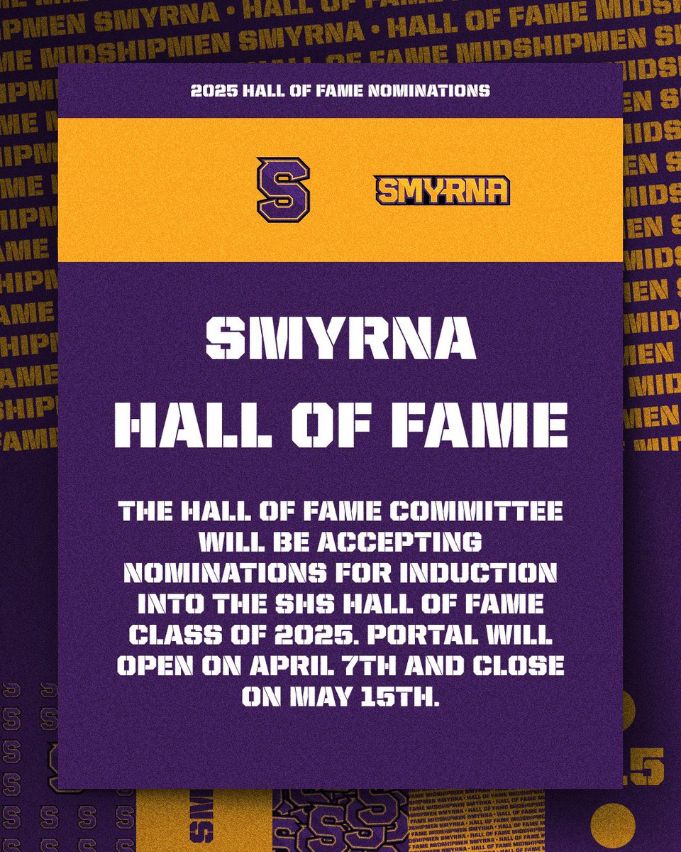 Smyrna Athletics (@smyrnaathletics) on Twitter photo Time to nominate your favorite all time great Bulldog!! The link below is where you can cast your vote!🟣🟡🐶 #OnlyOneSHS <a href="/SmyrnaBulldog/">Smyrna Bulldog</a>
smyrnahighathletics.com/hall-of-fame-2/ Time to nominate your favorite all time great Bulldog!! The link below is where you can cast your vote!🟣🟡🐶 #OnlyOneSHS <a href="/SmyrnaBulldog/">Smyrna Bulldog</a>
smyrnahighathletics.com/hall-of-fame-2/