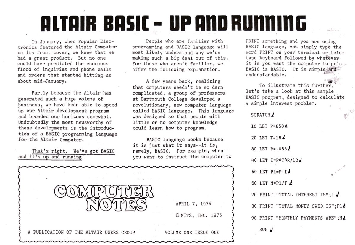 50 years ago today—April 7, 1975—MITS published the first issue of its Altair customer newsletter, Computer Notes. The big headline story was BASIC, which they'd just seen demonstrated by Paul Allen but hadn't yet finalized contracts for.