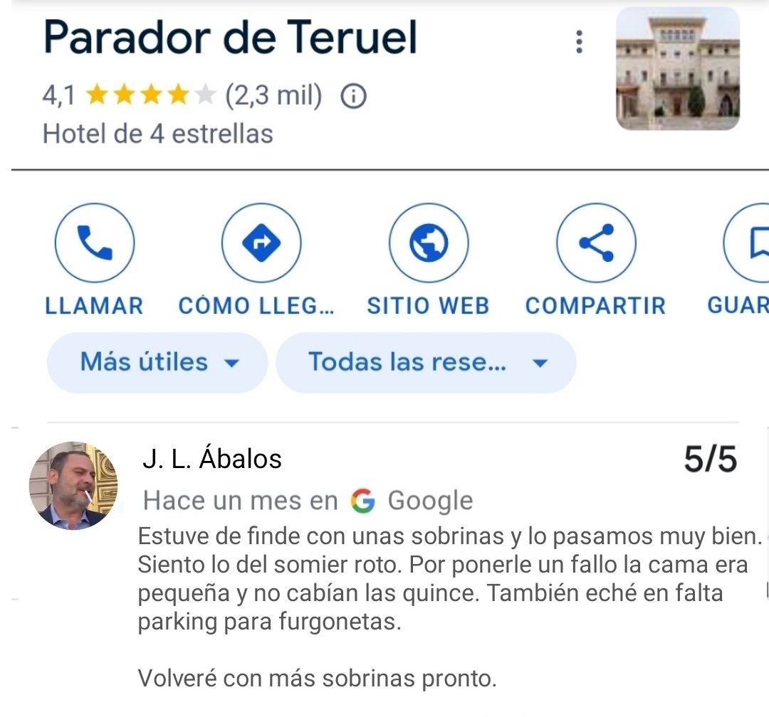 Pues al final buscando he encontrado la reseña que ha dejado Ábalos en Google sobre el Parador de Teruel.