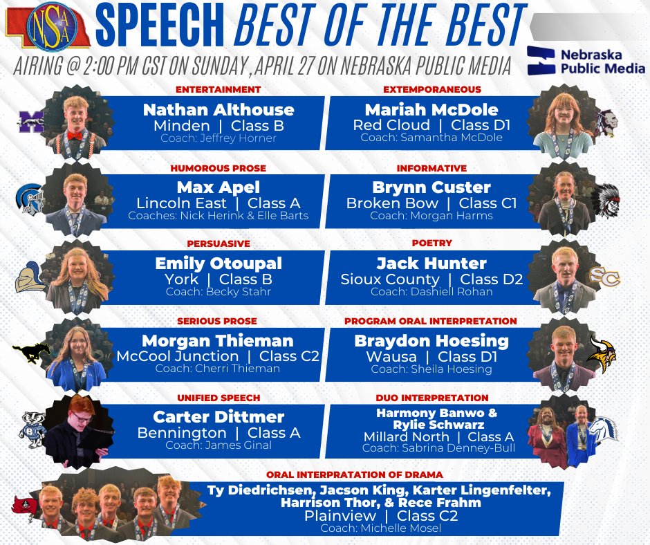 NSAA (@nsaahome) on Twitter photo 📣 Congratulations to our Speech Best of the Best!
Their performances will be airing on <a href="/NebPublicMedia/">Nebraska Public Media</a> on Sunday, April 27th at 2:00 PM CST. Check out their talent! 📣 Congratulations to our Speech Best of the Best!
Their performances will be airing on <a href="/NebPublicMedia/">Nebraska Public Media</a> on Sunday, April 27th at 2:00 PM CST. Check out their talent!