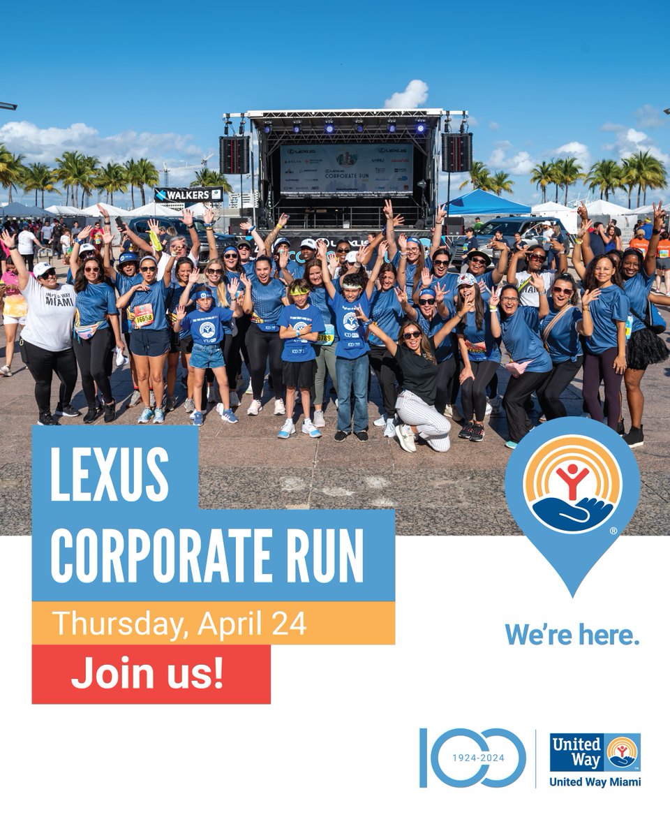 🎉 Visit United Way Miami's team tent at the Lexus Corporate Run and celebrate health &amp; fitness in the workplace! As Charity Partner, every step supports our #CoreFour focus areas: Health &amp; Wellbeing, Education, Resilient Communities &amp; Economic Mobility. Stop by &amp; cheer us on!