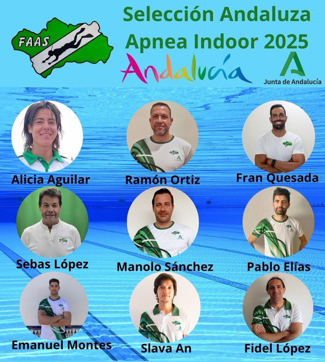 Selección Andaluza Apnea Indoor 2025
Ramón Ortiz
Manuel Sánchez
Alicia Aguilar
Fran Quesada
Fidel López
Vyacheslav An
Emanuel Montes
Pablo Elías Moreno
Sebas López

#ActividadesSubacuaticas #Apnea #ApneaIndoor #FreeDiving #FAAS #FEDAS #CMAS #CampeonatoDeEspaña
#SeleccionAndaluza