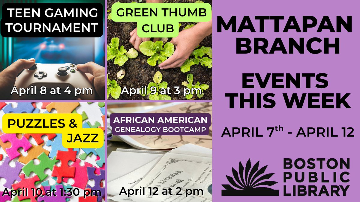 BPLMattapan (@bplmattapan) on Twitter photo Check out the events happening this week <a href="/BPLMattapan/">BPLMattapan</a> ! Get more info and see all of our events at bpl.org/events Check out the events happening this week <a href="/BPLMattapan/">BPLMattapan</a> ! Get more info and see all of our events at bpl.org/events