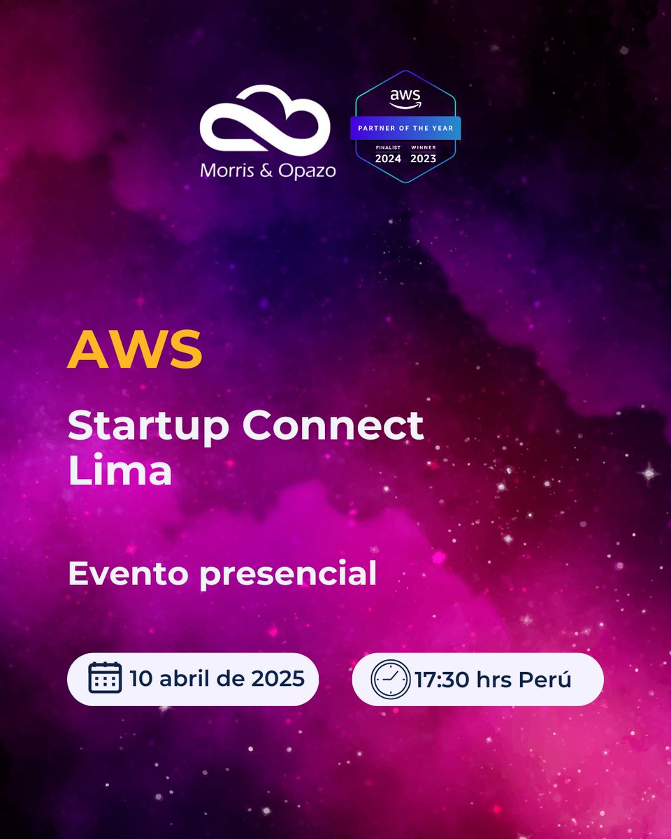 #EventoPresencial | #Perú 🇵🇪 | Estás invitado al AWS Startups Connect Perú. Regístrate aquí: 👉 hubs.li/Q03ggVVy0 🎉 Organizado por Morris &amp; Opazo junto a AWS, con la colaboración de Perú Founders. Sé parte de esta historia para conectar y expandir el ecosistema de LATAM.