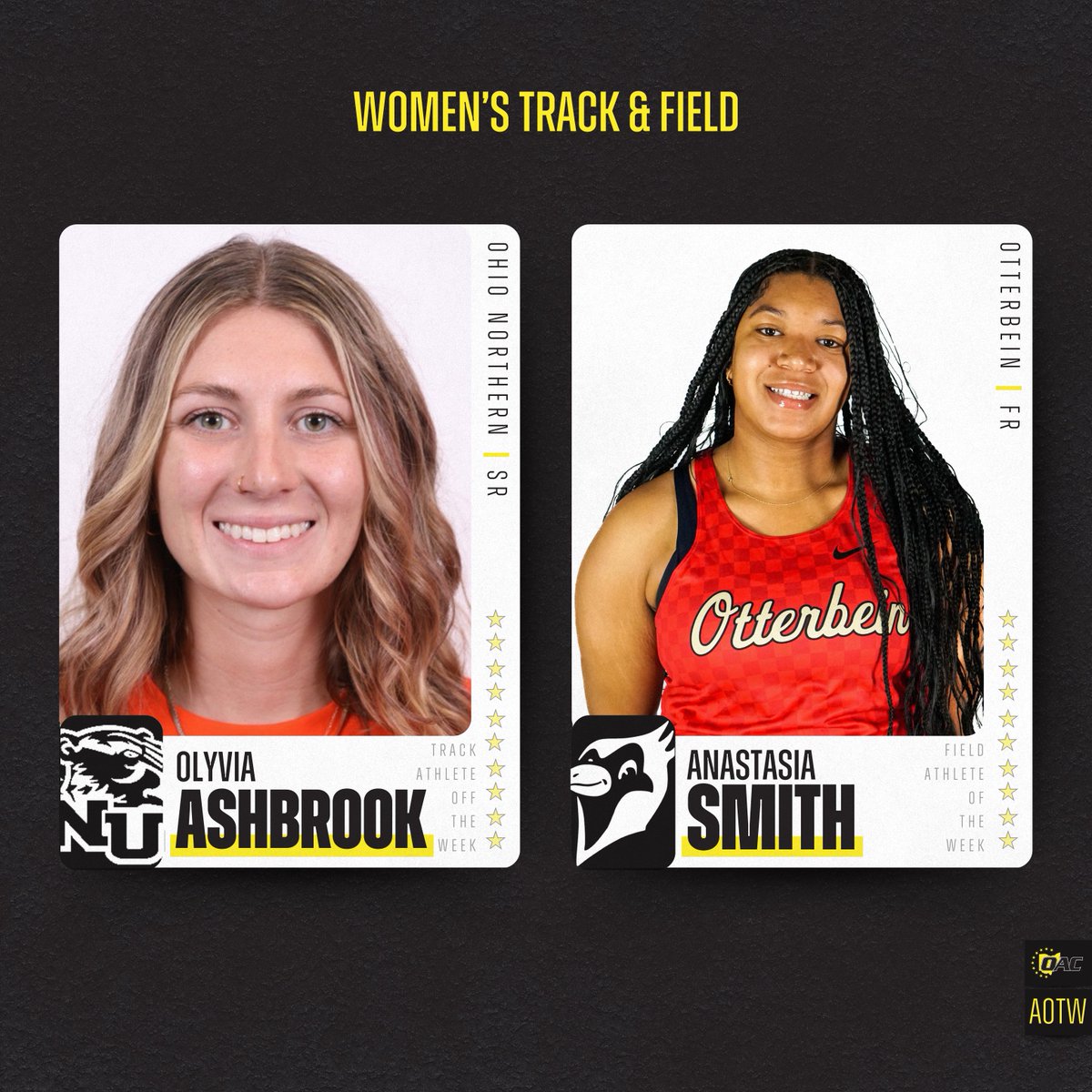 Ohio Athletic Conference (@ohathleticconf) on Twitter photo Athletes of the Week | Women's Track & Field 🏃♀️
Olyvia Ashbrook, <a href="/ONUsports/">Ohio Northern Sports</a>
Anastasia Smith, <a href="/Ott_Athletics/">Otterbein Athletics</a>
#OAC | #d3tf Athletes of the Week | Women's Track & Field 🏃♀️
Olyvia Ashbrook, <a href="/ONUsports/">Ohio Northern Sports</a>
Anastasia Smith, <a href="/Ott_Athletics/">Otterbein Athletics</a>
#OAC | #d3tf