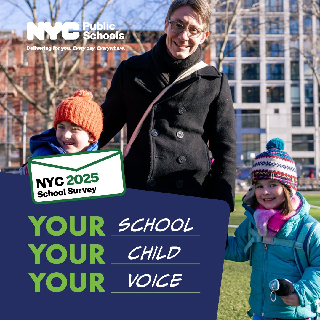 Don't forget! The 2025 #NYCSchoolSurvey is open through FRIDAY.
 
Your feedback helps make our schools better—whether you're a parent/guardian, teacher, school staff member, or student in grades 6-12.
 
👀👉Take the survey today: nycschoolsurvey.org