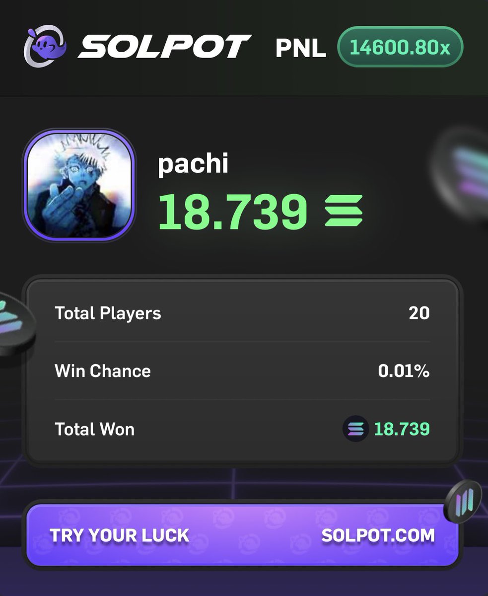 Only on <a href="/solpotcom/">Solpot.com</a> can you win with .01% chance 4063x + 14600x  

Flipped .002 sol into 26sol