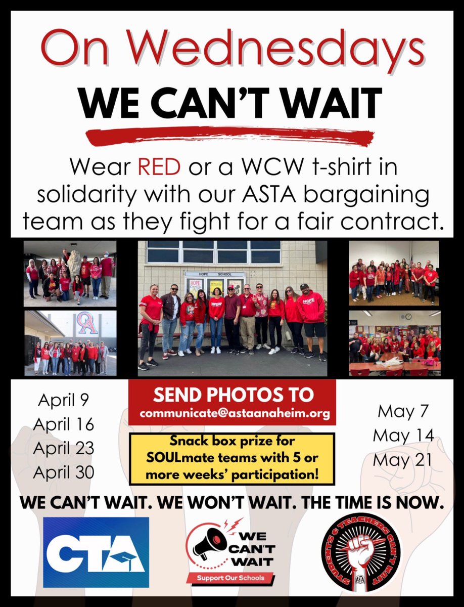 WE CAN’T WAIT WEDNESDAYS ARE HERE! Wear RED or your We Can’t Wait t-shirt in solidarity with our ASTA bargaining team as they fight for a fair contract! Let’s tell the district that the time is now! We can’t wait! We won’t wait!

#WeAreASTA #WeCantWait #RedForEd #CommunitySchools