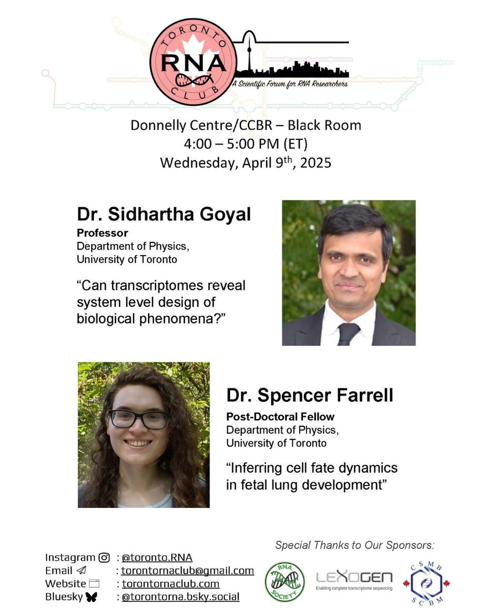 TorontoRNA's tweet image. Please join us for our next RNA seminar this Wednesday, April 9th from 4:00 to 5:00 pm, in CCBR Black Room. Pizza will be provided after the session!
Our speakers this month are:
Dr. Sidhartha Goyal (Professor, UofT) and Dr. Spencer Farrell (Postdoc Fellow, Goyal Lab)