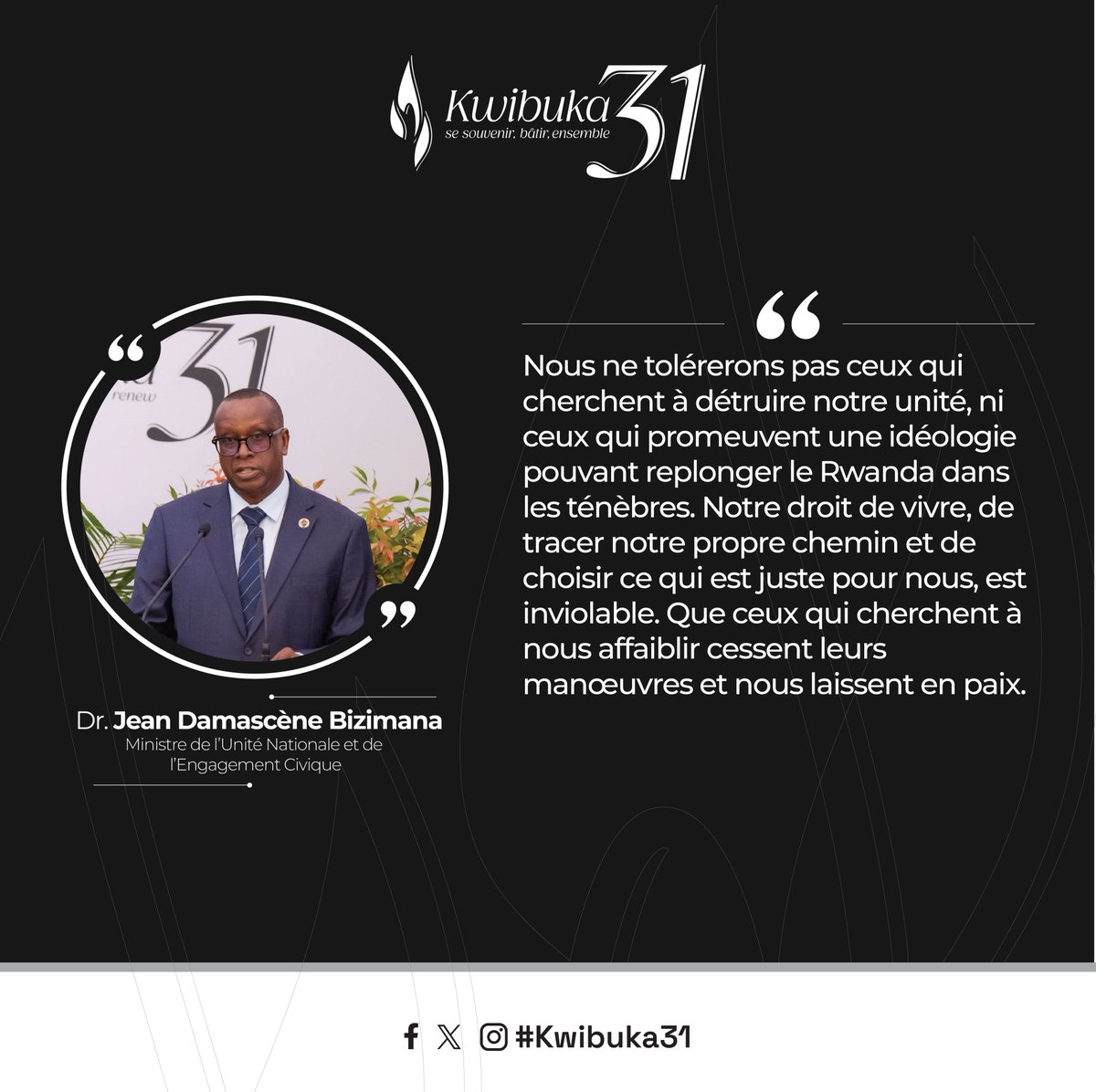 Ministry of National Unity and Civic Engagement (@unity_memoryrw) on Twitter photo Nous ne tolérerons pas ceux qui cherchent à détruire notre unité, ni ceux qui promeuvent une idéologie pouvant replonger le Rwanda dans les ténèbres - Ministre <a href="/DrDamascene/">Dr. Jean Damascene BIZIMANA</a> #Kwibuka31
Se souvenir, bâtir, ensemble.
youtube.com/watch?v=vaNhNN… Nous ne tolérerons pas ceux qui cherchent à détruire notre unité, ni ceux qui promeuvent une idéologie pouvant replonger le Rwanda dans les ténèbres - Ministre <a href="/DrDamascene/">Dr. Jean Damascene BIZIMANA</a> #Kwibuka31
Se souvenir, bâtir, ensemble.
youtube.com/watch?v=vaNhNN…
