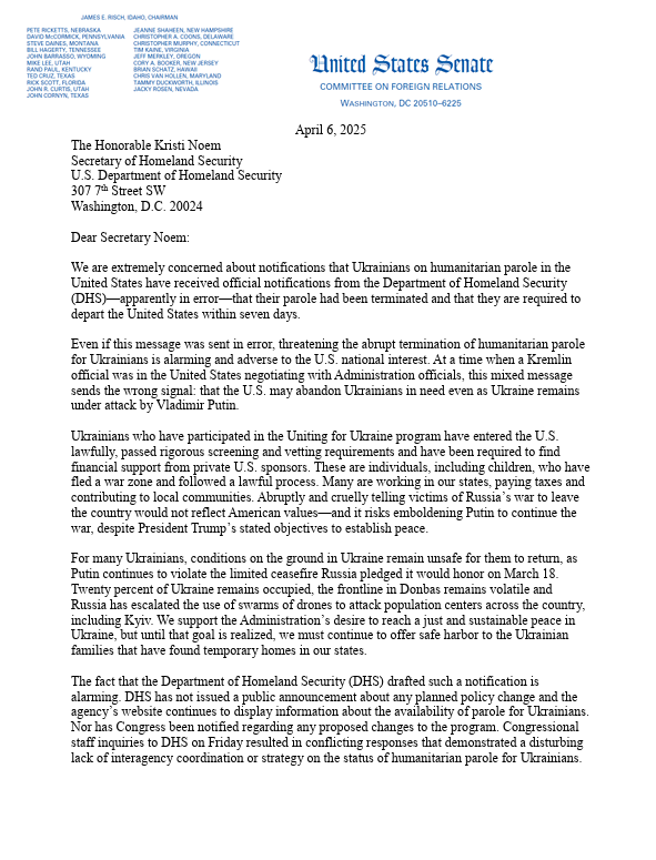 SenatorShaheen's tweet photo. .@lisamurkowski and I are calling on @Sec_Noem to immediately explain how the Department of Homeland Security mistakenly sent an email to Ukrainians on humanitarian parole in the U.S. that they had seven days to leave the country. https://t.co/gFzvV2m9mN