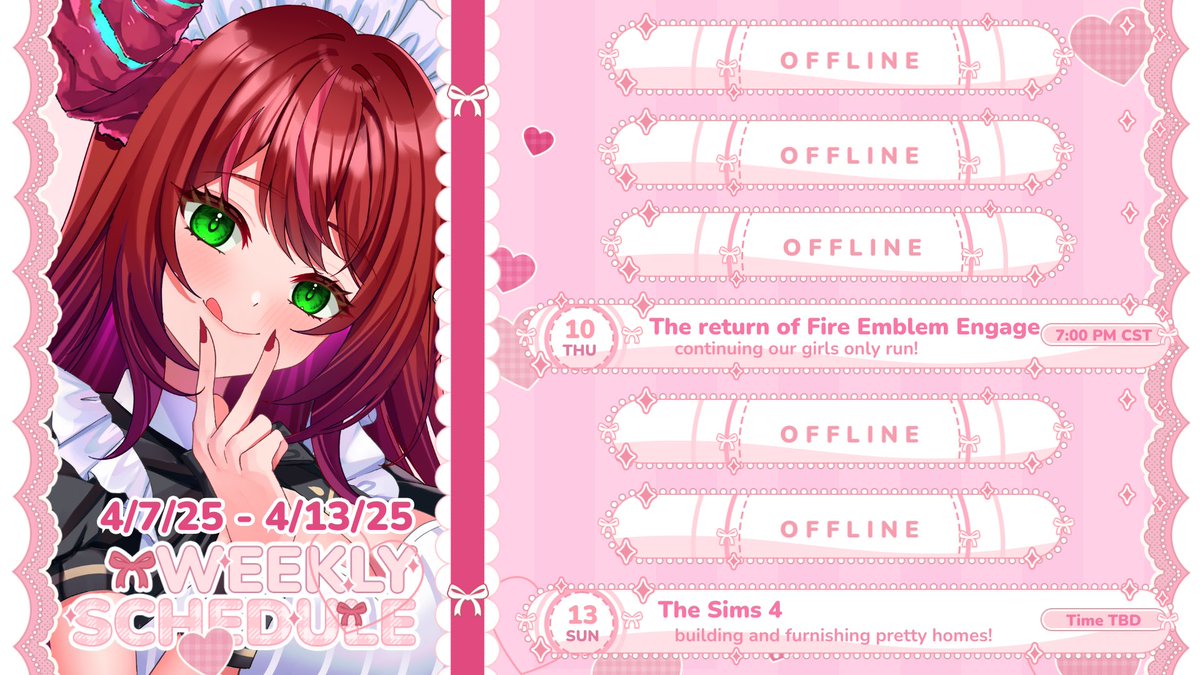 Can’t wait to catch up with y’all this week at stream! Let’s do Fire Emblem Thursday and Sims Sunday. Hope to see you there 🐉🧁
#vtuber #ENVtuber