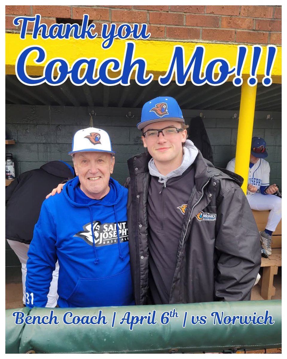 Monks_Baseball's tweet photo. Special thanks to Padge's grandfather, Coach Mo for being honorary bench coach yesterday during our doubleheader vs Norwich University #gomonks #gocoachmo https://t.co/0FHeYqoRcN