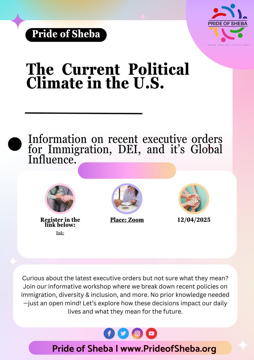 🗓️ “The Current Political Climate in the U.S.”
🗓️ Date: 12/04/2025
 🕒 Time: 4:00 pm WAT, 8:00 am Pacific Time
 📍 Location: Online: us05web.zoom.us/j/89744000925?…
#prideofsheba #USPolitics #ImmigrationPolicy #DiversityAndInclusion #VirtualWorkshop #GetInformed #CivicEngagement