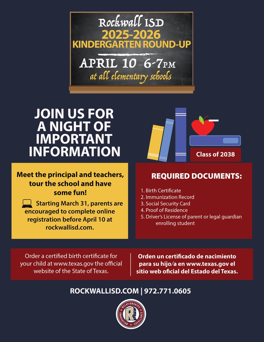 rockwallschools's tweet photo. 🌟 Registration is now open for incoming kindergarteners! 🌟

Parents are encouraged to complete online registration before joining us for Kindergarten Round-Up. Come and get a sneak peek into your child’s exciting journey ahead! 🎉
📅 Date: April 10, 2025
📍 Location: All Rockwall ISD elementary schools
⏰ Time: 6-7 p.m.
This is a great opportunity for your little one to meet their principal and teachers and explore their future classroom!