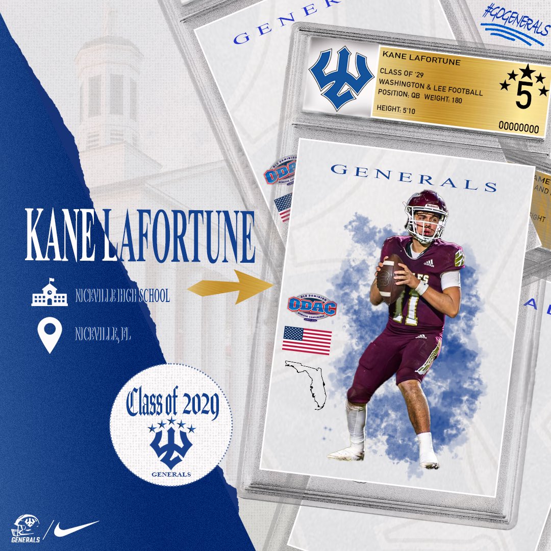 Generals_Fball's tweet photo. Meet Kane LaFortune, a QB from Niceville, Florida. Confident in the pocket and built to lead—he’s ready to bring the fire to W&amp;L! #B16 #GWD https://t.co/KiBXnBpNRu