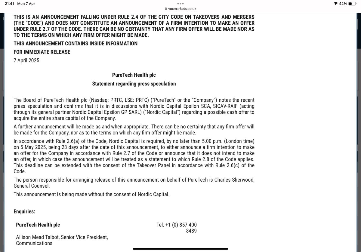 reb40's tweet image. #PRTC Another Day Another Possible Bid

Once again the rumours proved to be correct as Puretech confirm that they’ve had an approach from Nordic for a possible cash bid

No price given so we’ll await more info 👀