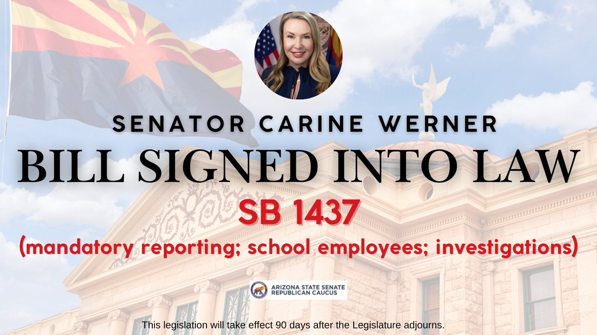 AZSenateRepublicans (@azsenategop) on Twitter photo 🚨JUST IN: Senator <a href="/CarineWerner/">Carine Werner</a>'s SB 1437 to crack down on sexual predators in Arizona schools, has just been SIGNED into law!
SB 1437 adds to the list of individuals who are required to report to a law enforcement agency any cases of sexual misconduct by a school employee 🚨JUST IN: Senator <a href="/CarineWerner/">Carine Werner</a>'s SB 1437 to crack down on sexual predators in Arizona schools, has just been SIGNED into law!
SB 1437 adds to the list of individuals who are required to report to a law enforcement agency any cases of sexual misconduct by a school employee