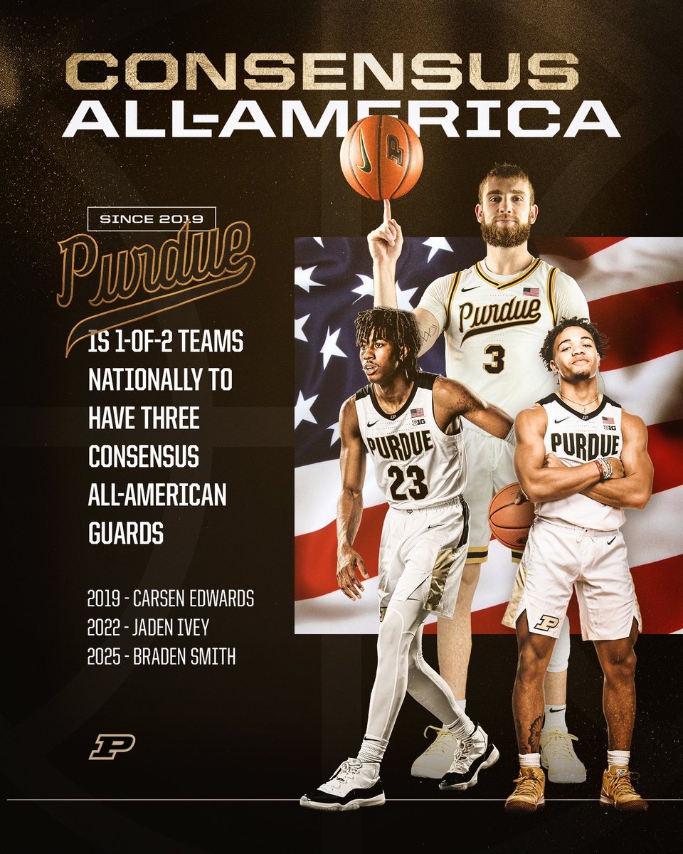 🚂 Guard U. 

In the last 7 years, no one has had more consensus All-American guards than Purdue. 

🇺🇸 2019 - Carsen Edwards
🇺🇸 2022 - Jaden Ivey
🇺🇸 2025 - Braden Smith