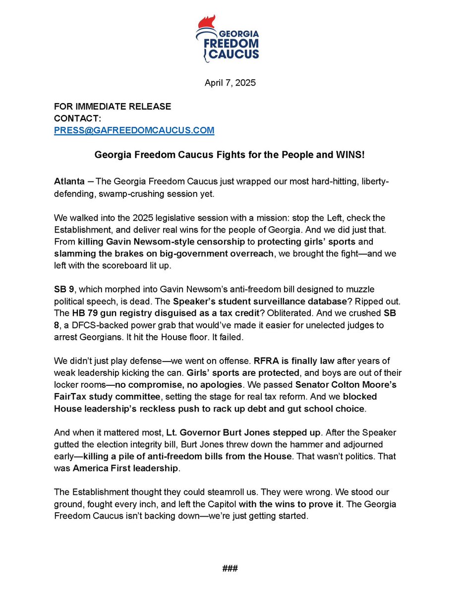 FreedomCaucusGA's tweet image. 🚨Georgia Freedom Caucus Fights for the People and WINS!
