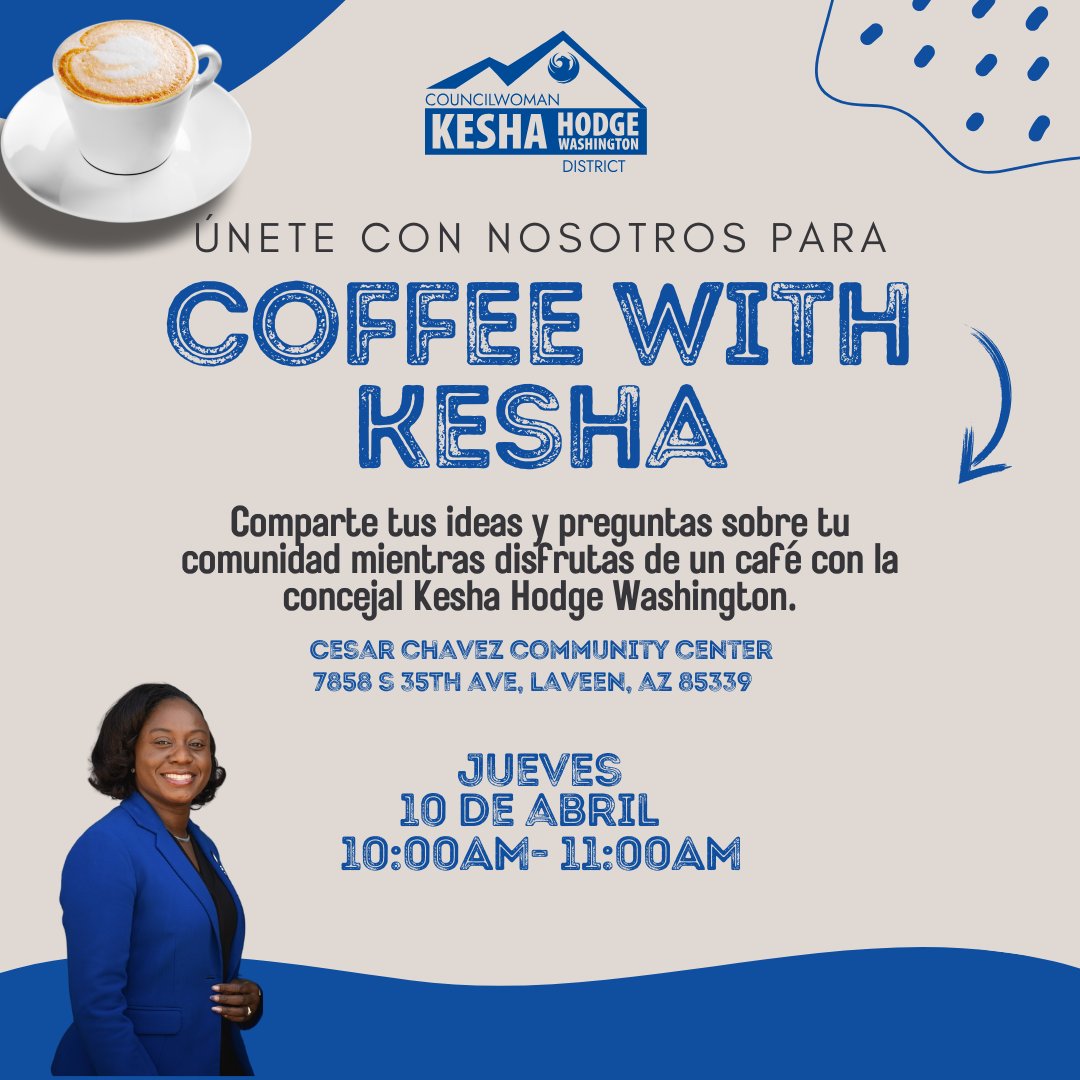 THIS WEEK! Something good is brewing! Coffee with Kesha is coming up! Join us Thursday, April 10th, from 10–11 AM at Cesar Chavez Community Center for great coffee &amp; conversations on neighborhood issues &amp; District 8 updates. See you there! ✨☕

#District8 #Laveen