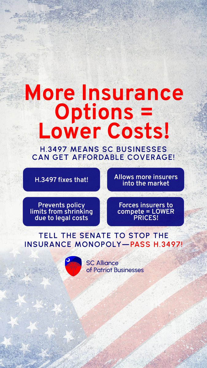 SCBizPatriots's tweet photo. H.3497 breaks the insurance monopoly and drives down costs for South Carolina businesses. More competition means lower premiums and better coverage for bars and restaurants. Tell your representatives to vote YES and pass this bill!
.
.
.
.
#PassH3497 #BreakTheMonopoly https://t.co/OiiXAj773B