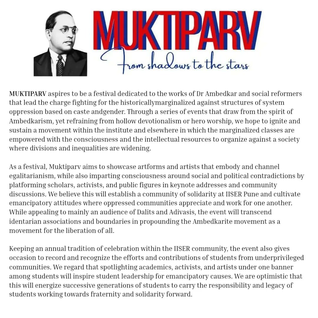 With the annual Muktiparv celebrations in full swing <a href="/IISERPune/">IISER Pune</a>, here is the official Manifesto of Muktiparv-2025 👇