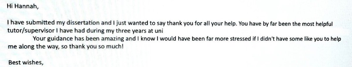 HannahCDoughty1's tweet image. Very proud of all of my undergraduate dissertation students who have submitted their work today, and those who are currently working towards their submission. Emails like this are a huge perk of the job! 👩🏻🎓
#Dissertation #Graduate