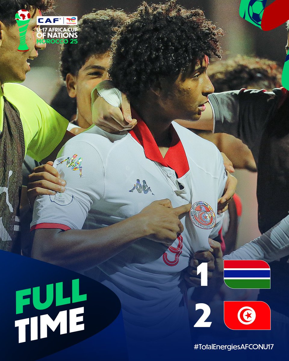 CAF_Online's tweet photo. FULL-TIME!
Tunisia come out on top against The Gambia in an intense contest. ๐น๐ณ
#TotalEnergiesAFCONU17 | #GAMTUN https://t.co/bOephPkkSM