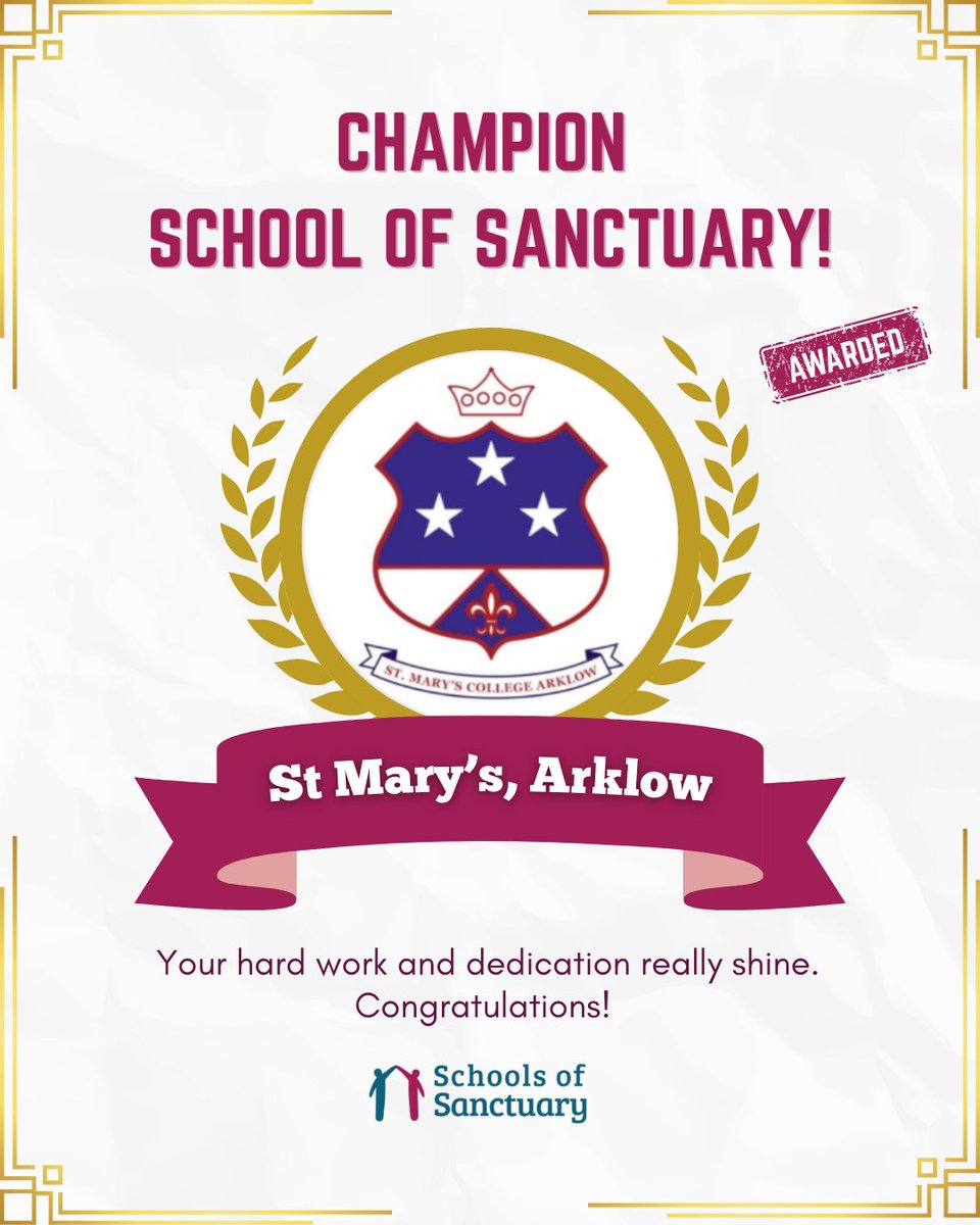 Schools of Sanctuary Ireland (@sofsireland) on Twitter photo Yet another amazing school awarded Champion school of Sanctuary today! <a href="/SMCArklow/">St Mary's College Arklow</a> is the first school in Wicklow to bevome a Champion School of Sanctuary! 👏 Yet another amazing school awarded Champion school of Sanctuary today! <a href="/SMCArklow/">St Mary's College Arklow</a> is the first school in Wicklow to bevome a Champion School of Sanctuary! 👏