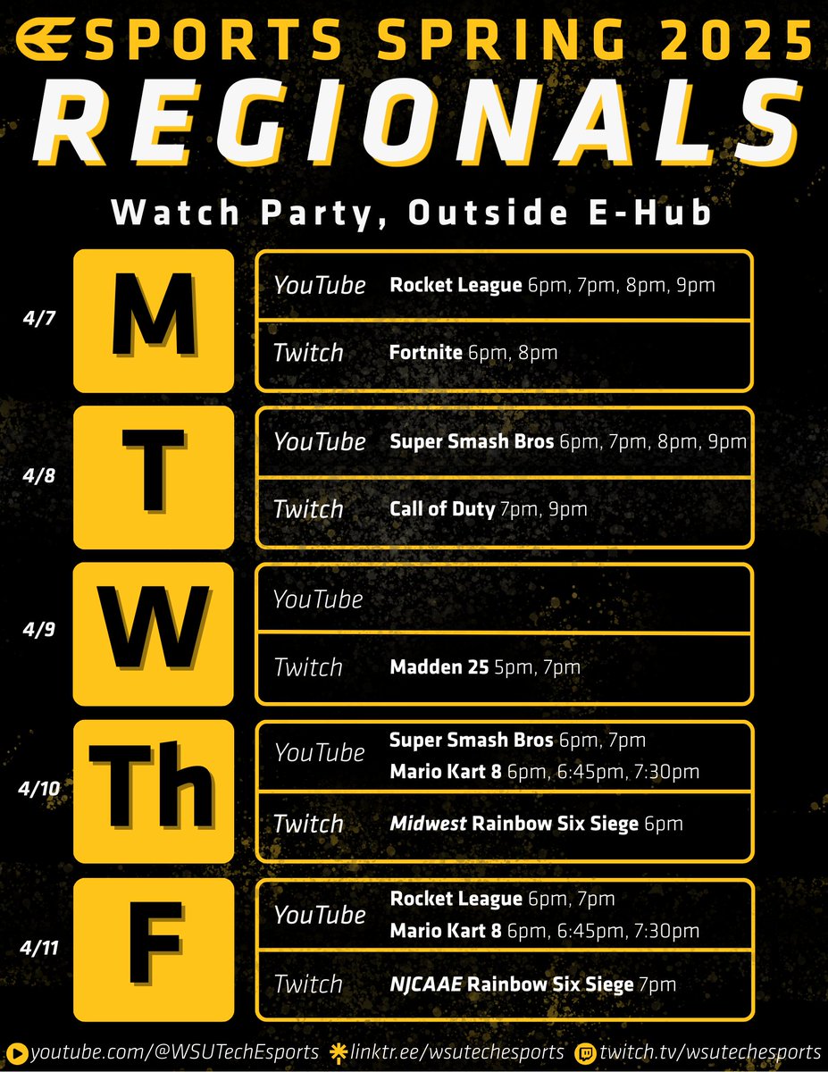 🎮🔥 It’s REGIONALS week at WSU Tech! Join us outside the E-Hub for epic Esports Watch Parties all week long—Rocket League, Smash Bros, COD &amp; more! LET’S GOOOO! 🕹️💥 #WSUTechEsports