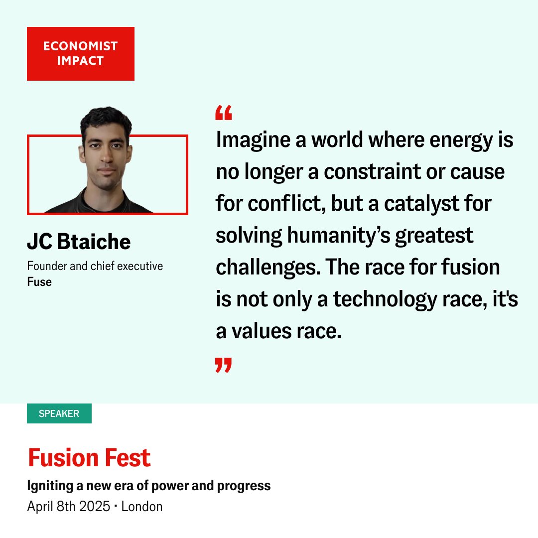 Fuse Energy (@fuseenergytech) on Twitter photo Tomorrow, <a href="/TheEconomist/">The Economist</a> will host Fuse CEO <a href="/JCBtaiche10/">JC B</a> and Fuse advisor Admiral Charles Richard, former Commander of <a href="/US_STRATCOM/">United States Strategic Command</a>, for a discussion on how radiation testing is critical for national security and the future of fusion. We're looking forward to this conversation! Tomorrow, <a href="/TheEconomist/">The Economist</a> will host Fuse CEO <a href="/JCBtaiche10/">JC B</a> and Fuse advisor Admiral Charles Richard, former Commander of <a href="/US_STRATCOM/">United States Strategic Command</a>, for a discussion on how radiation testing is critical for national security and the future of fusion. We're looking forward to this conversation!