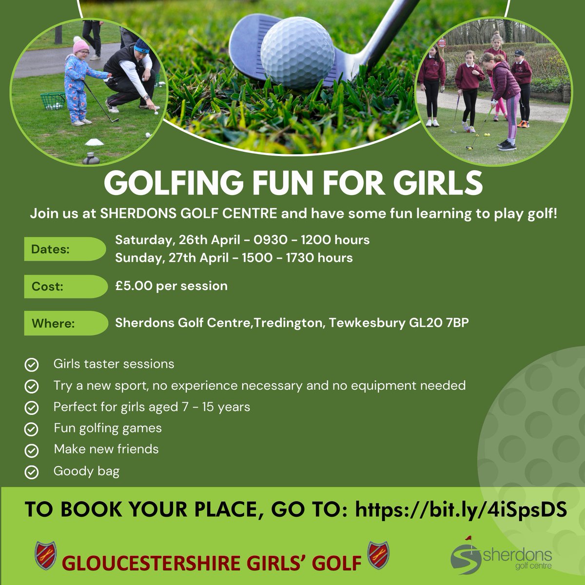 Glos Ladies Golf (@glcga) on Twitter photo GOLFING FUN FOR GIRLS IN GLOUCESTERSHIRE
For girls aged 7-15 join us at one of our taster sessions. 26 or 27/4 <a href="/SherdonsGolf/">Sherdons Golf Centre</a> - have fun learning a new sport and make new friends.
Book your place here: bit.ly/4iSpsDS
See you there!!
<a href="/BBCGlos/">BBC Gloucestershire</a> <a href="/SherdonsG/">Sherdons Adventure Golf</a> <a href="/Glosgolf/">Gloucestershire Golf</a> GOLFING FUN FOR GIRLS IN GLOUCESTERSHIRE
For girls aged 7-15 join us at one of our taster sessions. 26 or 27/4 <a href="/SherdonsGolf/">Sherdons Golf Centre</a> - have fun learning a new sport and make new friends.
Book your place here: bit.ly/4iSpsDS
See you there!!
<a href="/BBCGlos/">BBC Gloucestershire</a> <a href="/SherdonsG/">Sherdons Adventure Golf</a> <a href="/Glosgolf/">Gloucestershire Golf</a>