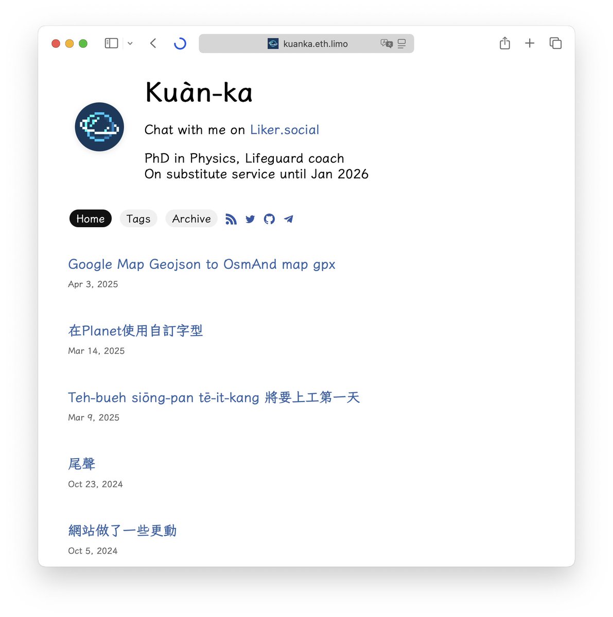 This is Kuàn-ka. He is a PhD in Physics and an active <a href="/ensdomains/">ens.eth</a> .eth website blogger. This is his blog site, built with <a href="/PlanetableXYZ/">planetable.eth</a>. It has a customized font and added Giscus as a comment system.

kuanka.eth.limo