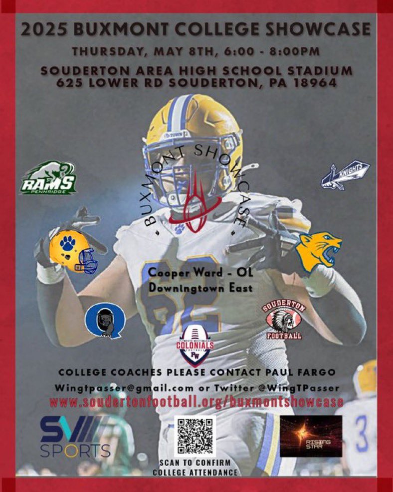 Cooper Ward (@cooperjamesward) on Twitter photo Looking forward to displaying my talents with other premier PA athletes from the area at the 2025 BUXMONT Showcase on Thursday, May 8th! soudertonfootball.org/buxmontshowcase
<a href="/PARisingStar/">PA Rising Star</a> Looking forward to displaying my talents with other premier PA athletes from the area at the 2025 BUXMONT Showcase on Thursday, May 8th! soudertonfootball.org/buxmontshowcase
<a href="/PARisingStar/">PA Rising Star</a>