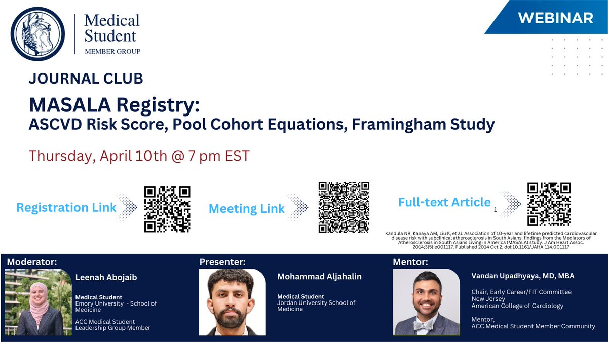 Ibrahim Erbay (@brhmrby) on Twitter photo Join us on April 10th at 7pm EST for second session of ACC MSMC April Journal Club meeting! We'll learn about ASCVD Risk Score, PCE, Framingham Study, discussing findings from MASALA.
To Read: pubmed.ncbi.nlm.nih.gov/25277669/
#ACCMedStudent #JournalClub #MedEd <a href="/ACCinTouch/">American College of Cardiology</a>
Link below👇 Join us on April 10th at 7pm EST for second session of ACC MSMC April Journal Club meeting! We'll learn about ASCVD Risk Score, PCE, Framingham Study, discussing findings from MASALA.
To Read: pubmed.ncbi.nlm.nih.gov/25277669/
#ACCMedStudent #JournalClub #MedEd <a href="/ACCinTouch/">American College of Cardiology</a>
Link below👇