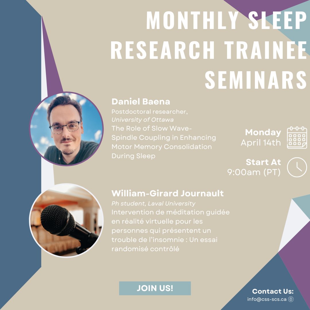 The Sleep Research Trainee Seminars are back!

Want to learn more about ongoing sleep research and meet other sleep trainees? Join us on April 14, 2025, at 9AM (PT) for the new Sleep Research Trainee Seminar!

To learn more, visit our website! css-scs.ca/research-train…