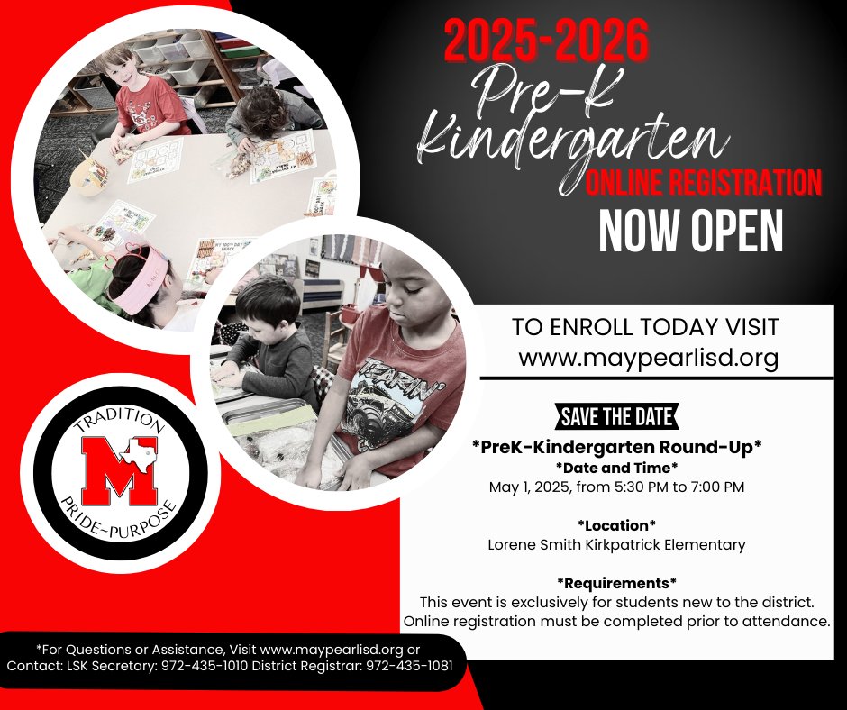 **Lorene Smith Kirkpatrick Elementary: Pre-Kindergarten and Kindergarten Online Registration and Round-Up Information**

Online pre-registration will commence on April 7, 2025.

Please note that currently enrolled students are not required to...
maypearlisd.org/post-details/~…