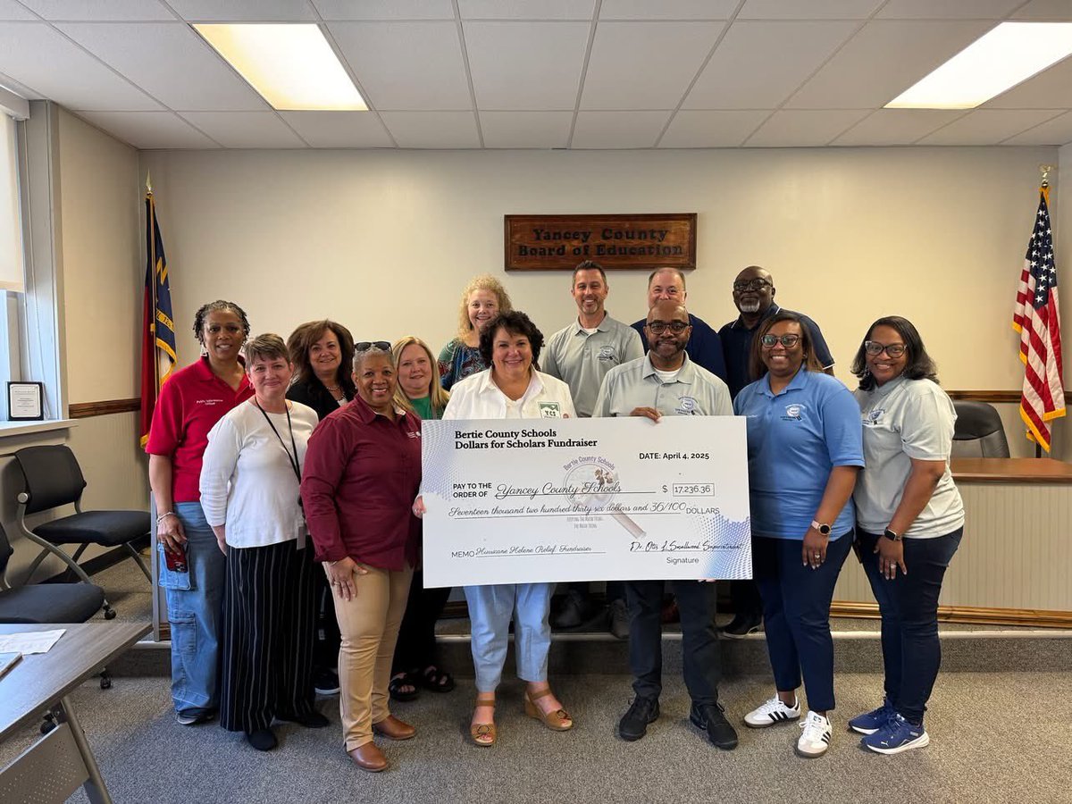 The <a href="/BCoSchools/">Bertie Co. Schools</a> team &amp; I enjoyed visiting Superintendent <a href="/KathyAmosYCS/">Kathy Amos</a> &amp;  <a href="/YanceyCoSchools/">Yancey County Schools</a> to present them with needed hurricane relief funds that our community raised for their students. ❤️#wearefamily 
<a href="/ncsupers/">Jack Hoke</a> <a href="/seh0818/">Steven E. Howard</a> <a href="/castickney/">Dr. Catherine A. Stickney</a> <a href="/bulluckl/">Linda Bulluck</a>
