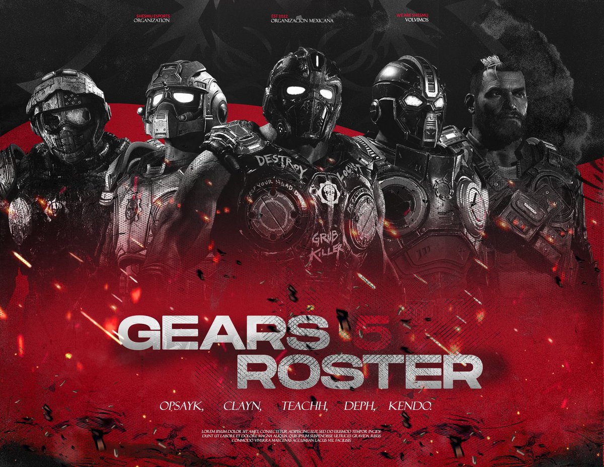 📰 Anuncio! 📣 

Bienvenidos a la manada, que su estadía sea muy amena y podamos cosechar grandes éxitos y superar muchos retos juntos. Este es el nuevo roster competitivo en #Gears5 

<a href="/kendo_mch/">𝓴𝓮𝓷𝓓𝓸 ♡</a> 
<a href="/opsaykk/">Opsayk 44</a> 
<a href="/21clayyn/">Clayyn A</a> 
@lilbrhh 
<a href="/4morz/">ٍ</a> 

#WeAreShesmu 🦁 🔥