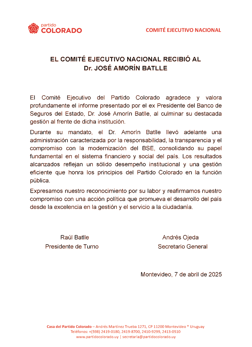 PartidoColorado's tweet photo. El Comité Ejecutivo del Partido Colorado agradece y valora profundamente el informe presentado por el ex Presidente del Banco de Seguros del Estado, Dr. José Amorín Batlle, al culminar su destacada gestión al frente de dicha institución.

@jgamorin 
#partidocolorado https://t.co/gfmPqv4HL2
