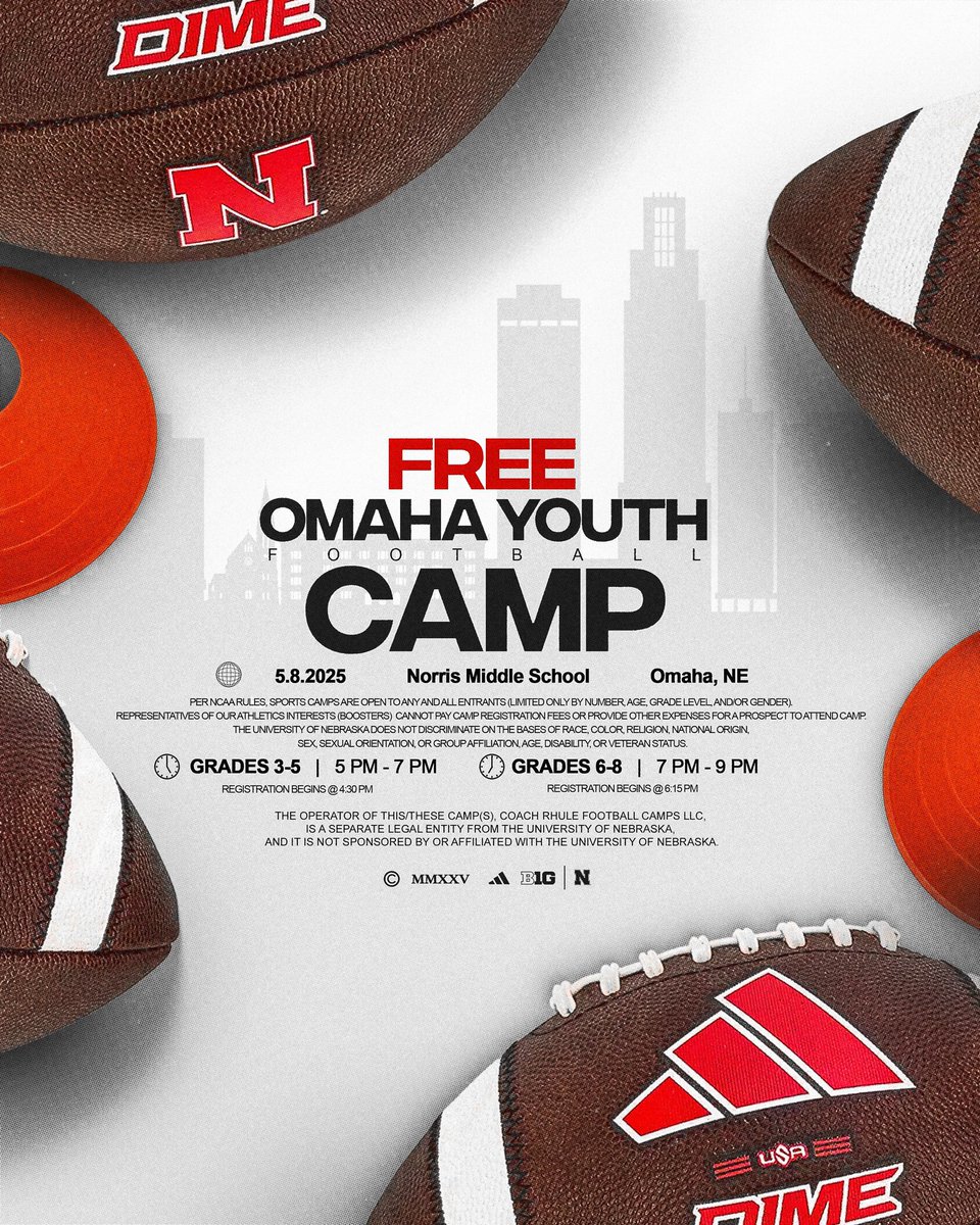 Nebraska Football (@huskerfootball) on Twitter photo ๐๐ฎ๐บ๐ฝ ๐ฆ๐ฒ๐ฎ๐๐ผ๐ป ๐ถ๐ ๐๐น๐บ๐ผ๐๐ ๐๐ฒ๐ฟ๐ฒโผ๏ธ
Come learn from current Husker coaching staff and players at our Free Omaha Youth Camp in May ๐
๐
5.8
๐ Grades 3-8
๐ 5 PM - 9 PM CDT
๐ Norris Middle School
๐ ๐ฅ๐ฒ๐ด๐ถ๐๐๐ฒ๐ฟ ๐ก๐ผ๐ โก๏ธ go.unl.edu/5dvt
#GBR x ๐๐ฎ๐บ๐ฝ ๐ฆ๐ฒ๐ฎ๐๐ผ๐ป ๐ถ๐ ๐๐น๐บ๐ผ๐๐ ๐๐ฒ๐ฟ๐ฒโผ๏ธ
Come learn from current Husker coaching staff and players at our Free Omaha Youth Camp in May ๐
๐
5.8
๐ Grades 3-8
๐ 5 PM - 9 PM CDT
๐ Norris Middle School
๐ ๐ฅ๐ฒ๐ด๐ถ๐๐๐ฒ๐ฟ ๐ก๐ผ๐ โก๏ธ go.unl.edu/5dvt
#GBR x