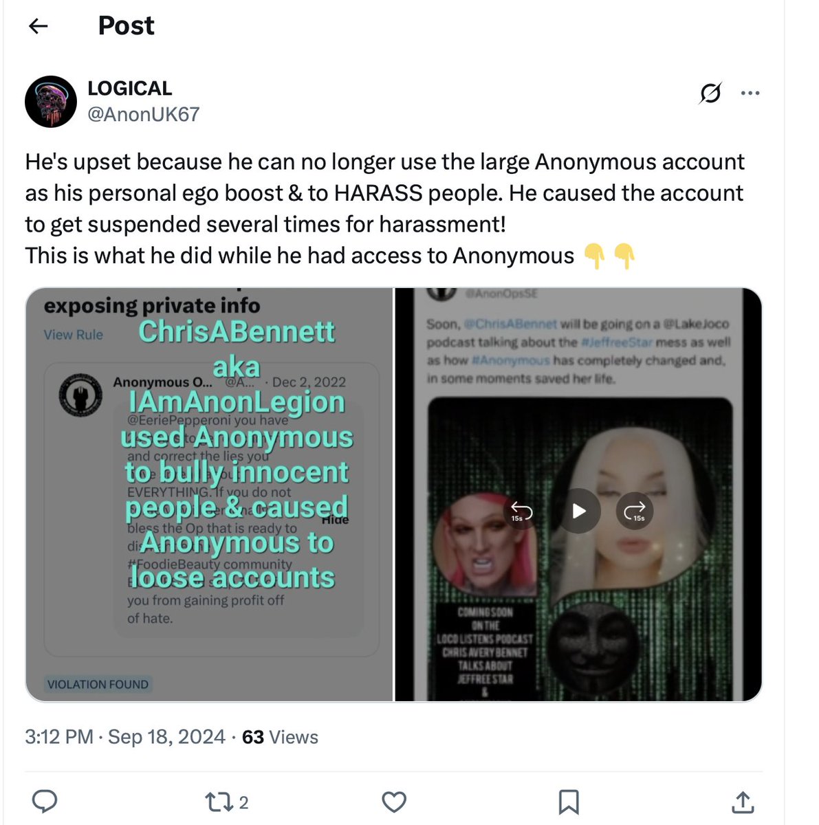Even though is against the creed, it is well known some #Anons use the #Anonymous name to harass people online. This tweet states,

"...use Anonymous to bully innocent people..."

#Who_D1s #MelodyBlues #Moxi3 #0utlaw #piaches