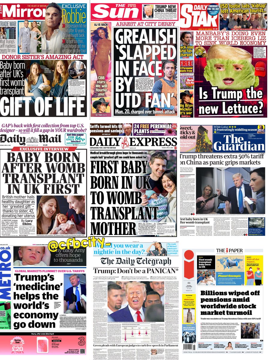 cfbcity_'s tweet photo. Tuesday 8th April 2025
UK national newspaper front page collage
#TomorrowsPapersToday #frontpagestoday #ukpapers #frontpages https://t.co/x7GjBOx2MH