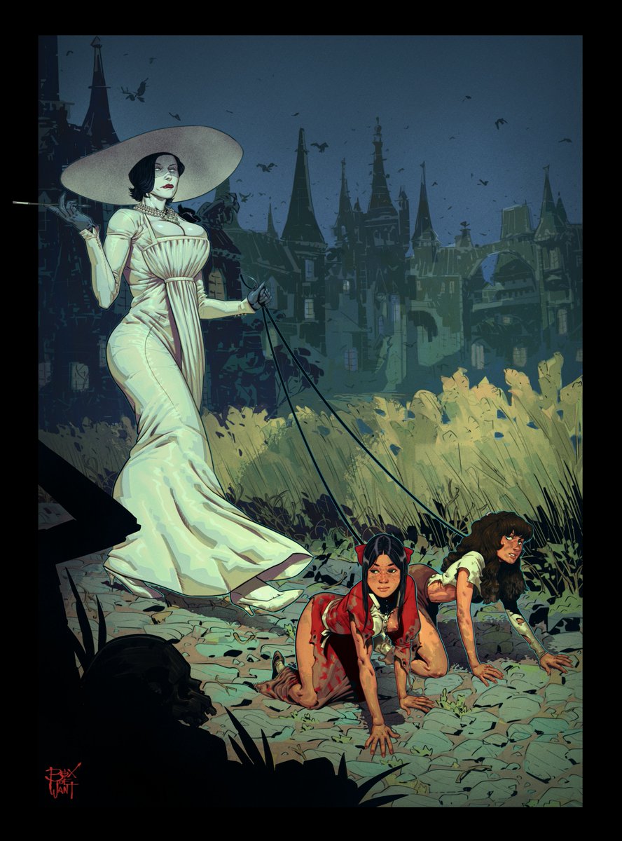 Lady Dimitrescu walking her pets.
Commission for gothicgalaxies and veriberri.