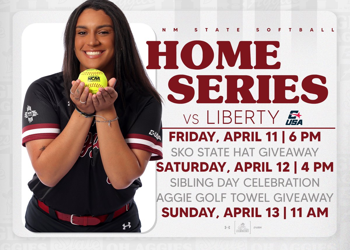 𝘽𝙖𝙘𝙠 𝙖𝙩 𝙝𝙤𝙢𝙚 𝙩𝙝𝙞𝙨 𝙬𝙚𝙚𝙠𝙚𝙣𝙙 🔜

Make plans to be at the NM State Softball Complex as we host Liberty for a three-game series 🥎

Lots of sunshine, giveaways and great action in the forecast!

#AggieUp | #NoLimitsOnUs
