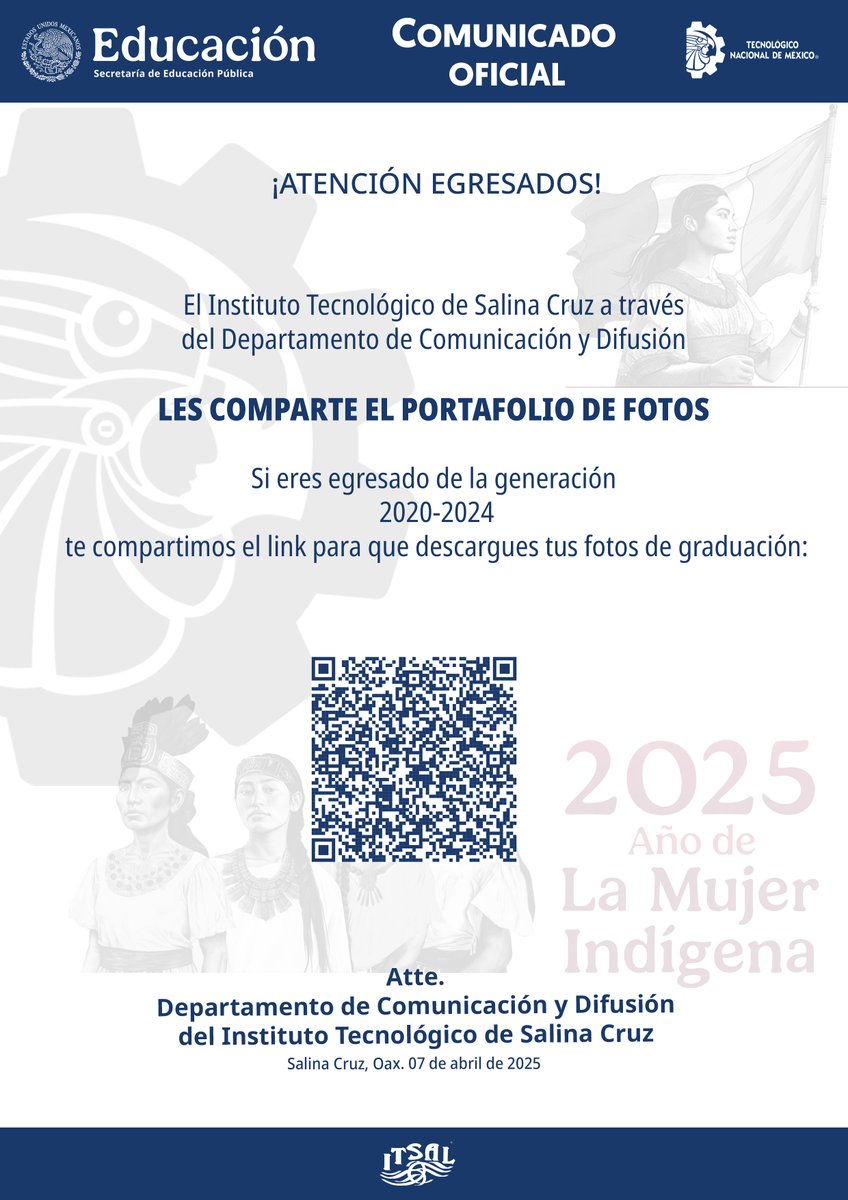 ¡ATENCION EGRESADOS!

EL INSTITUTO TECNOLOGICO DE SALINA CRUZ ATRAVES DEL DEPARTAMENTO DE COMUNICACIÓN Y DIFUSIÓN
LES COMPARTE EL LINK DE EL PORTAFOLIO DE FOTOS DE GRADUACION DE LA GENERACION 2020-2024
snitmx-my.sharepoint.com/:f:/g/personal…