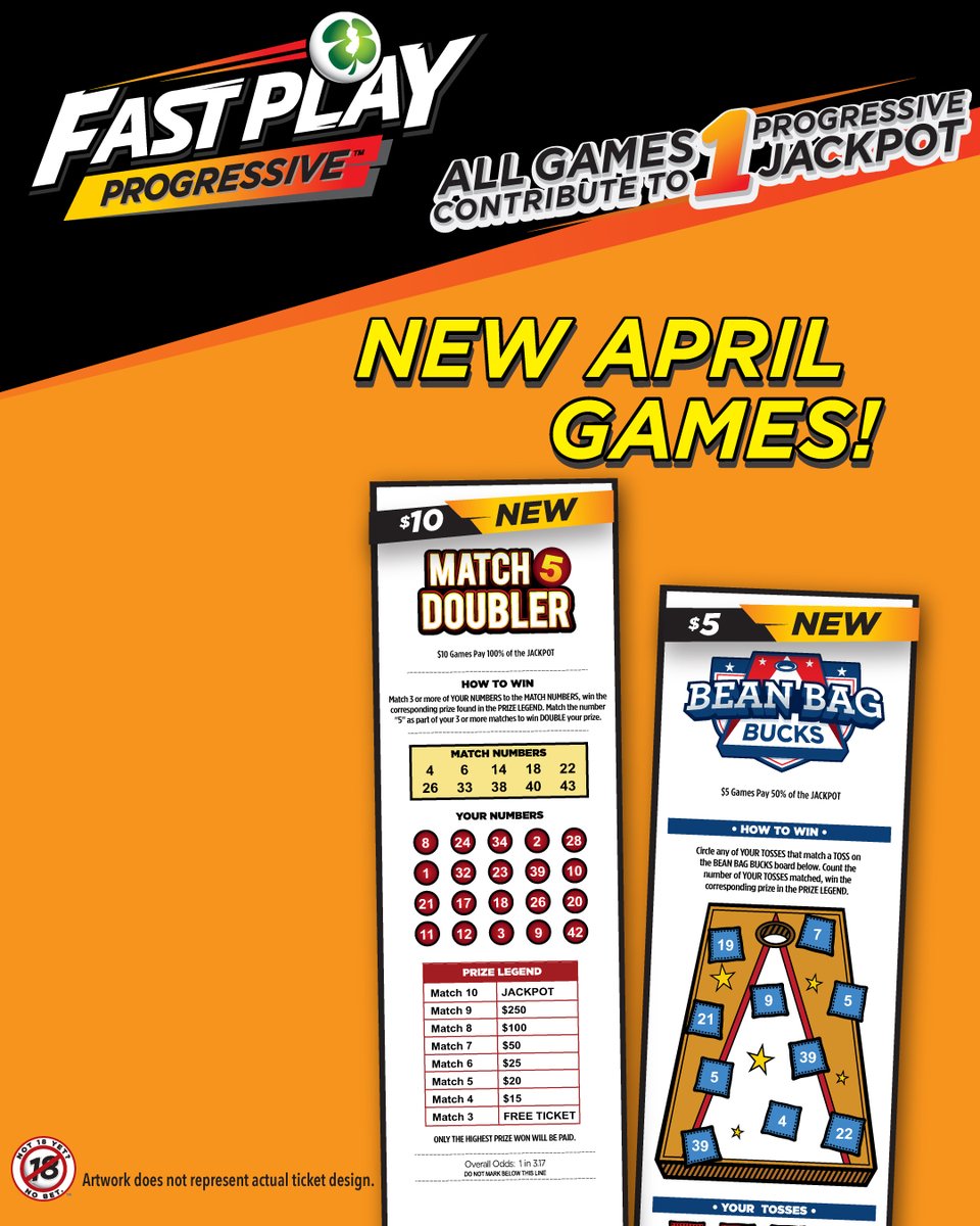 NJLottery's tweet image. April is here which means new #FastPlayProgressive tickets just dropped! ⏩ Get all new $5 Bean Bag Bucks and $10 Match 5 Doubler #FastPlay tickets! For more information, visit NJLottery.com/FastPlay.