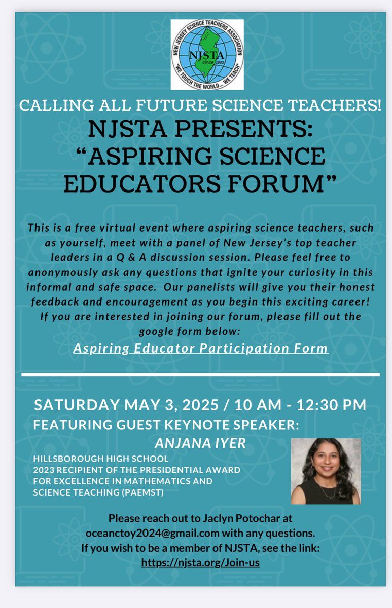 NJSTA is hosting a virtual forum “Aspiring Science Educators forum” on May 3rd. Please share the flier with preservice teachers, new teachers or any educator who wishes to participate and engage in learning &amp; discussion. Here is a link to sign up docs.google.com/forms/d/1eCamc…