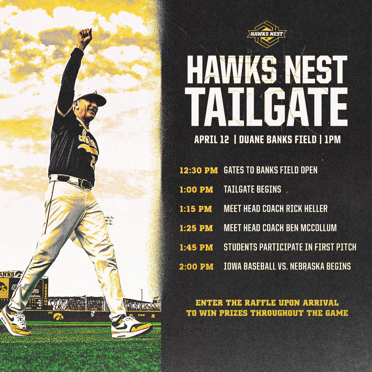 Your weekend plans are set 👇

𝐇𝐚𝐰𝐤𝐬 𝐍𝐞𝐬𝐭 𝐓𝐚𝐢𝐥𝐠𝐚𝐭𝐞
🗓️ Saturday, April 12
⌚️ 1 PM
📍Duane Banks Field
⚾️ vs. Nebraska
🐤FIRST 200 STUDENTS GET A 🆓 MUG!